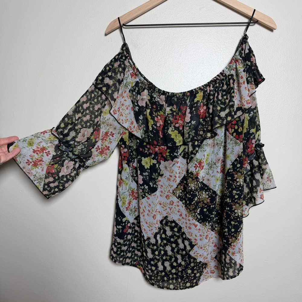 Sweet‎ Pea for NY&C Floral Patchwork Off Shoulder Ruffle Blouse XL Black Multi